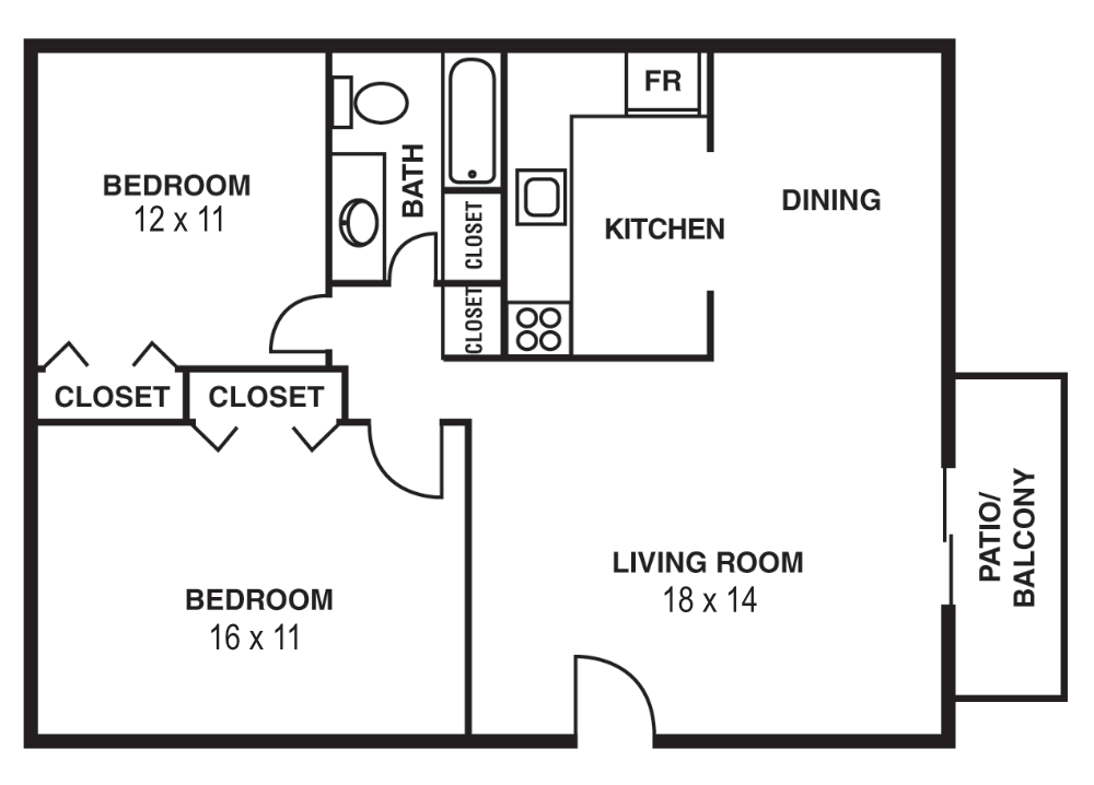 Floor plan for 2 beds, 1 bath, 950 sqft